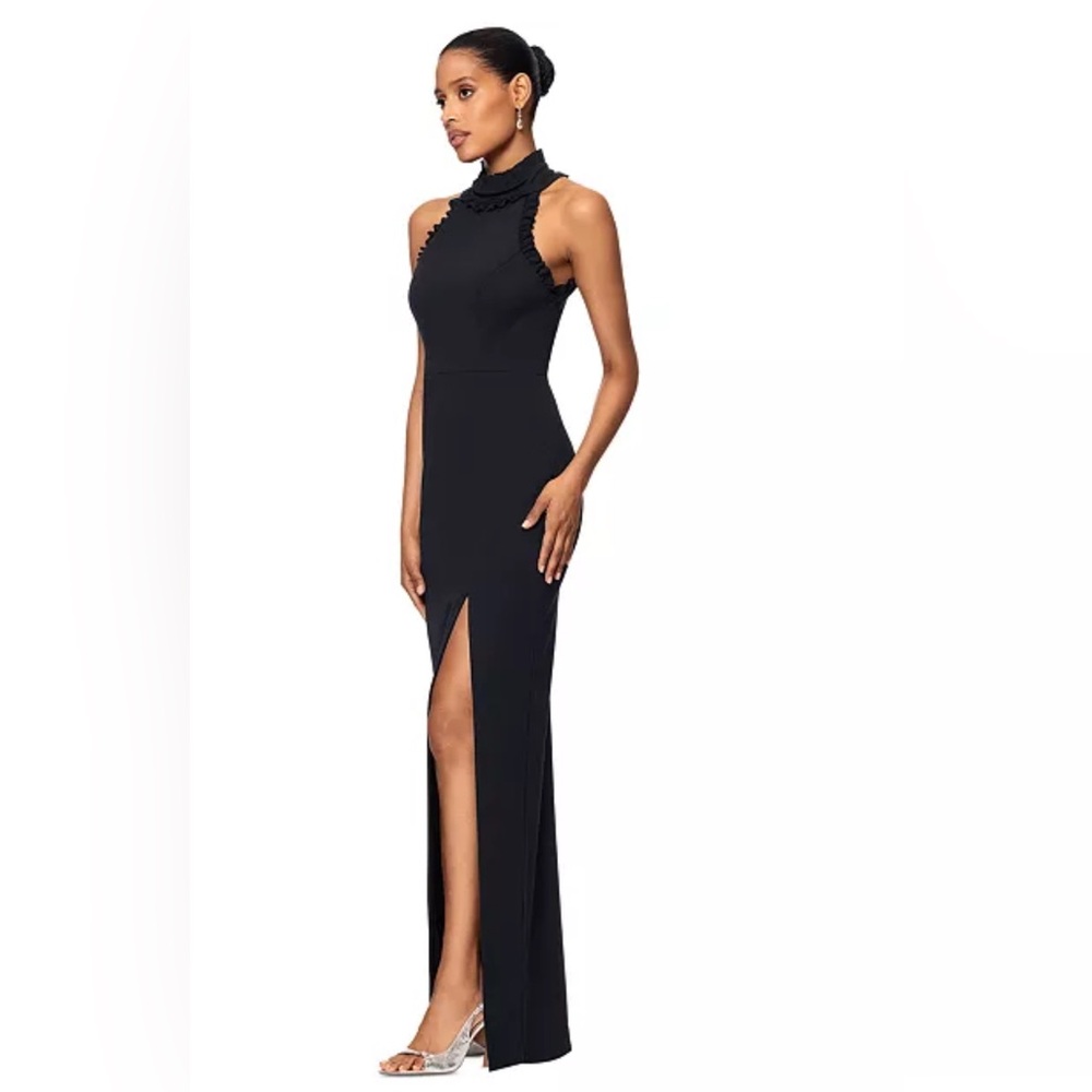 Xscape Black Halter Neck Dress with Ruffle Trim